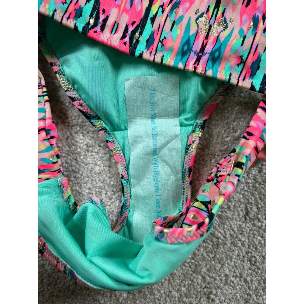 Shade & Shore Women's Swimwear Bottom S Pink Multi Color Gold Detail‎